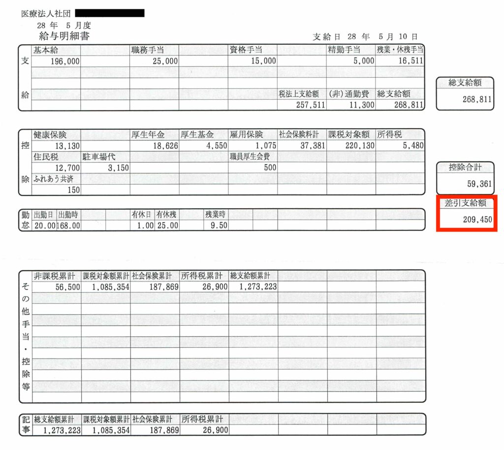 理学療法士7年目の給与明細
