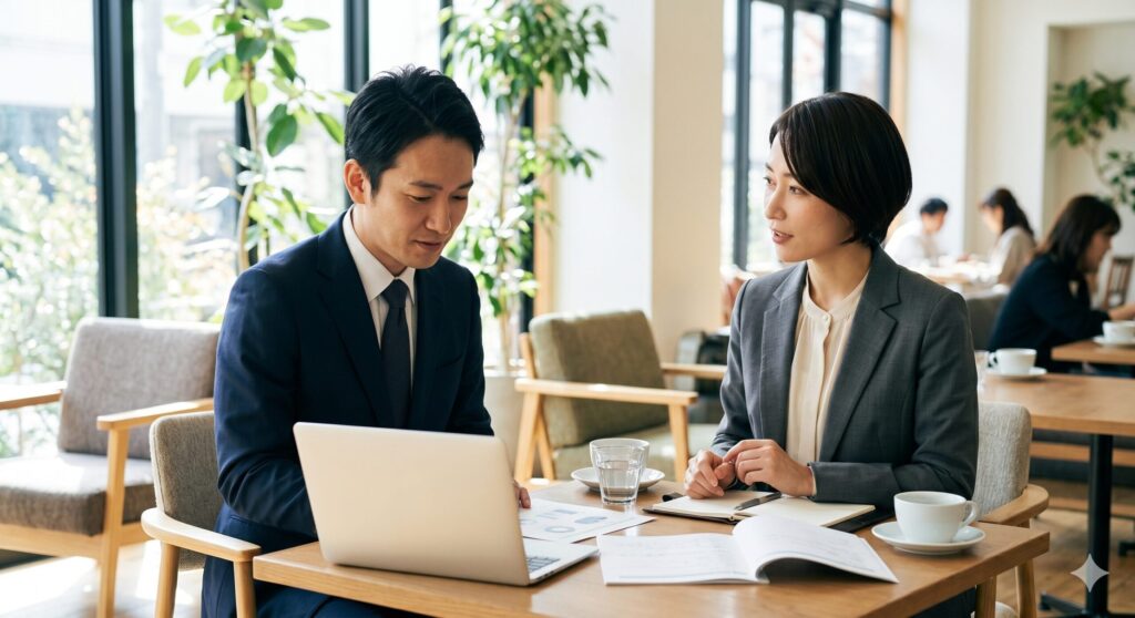 転職を考える男性が女性キャリアアドバイザーに相談をしている