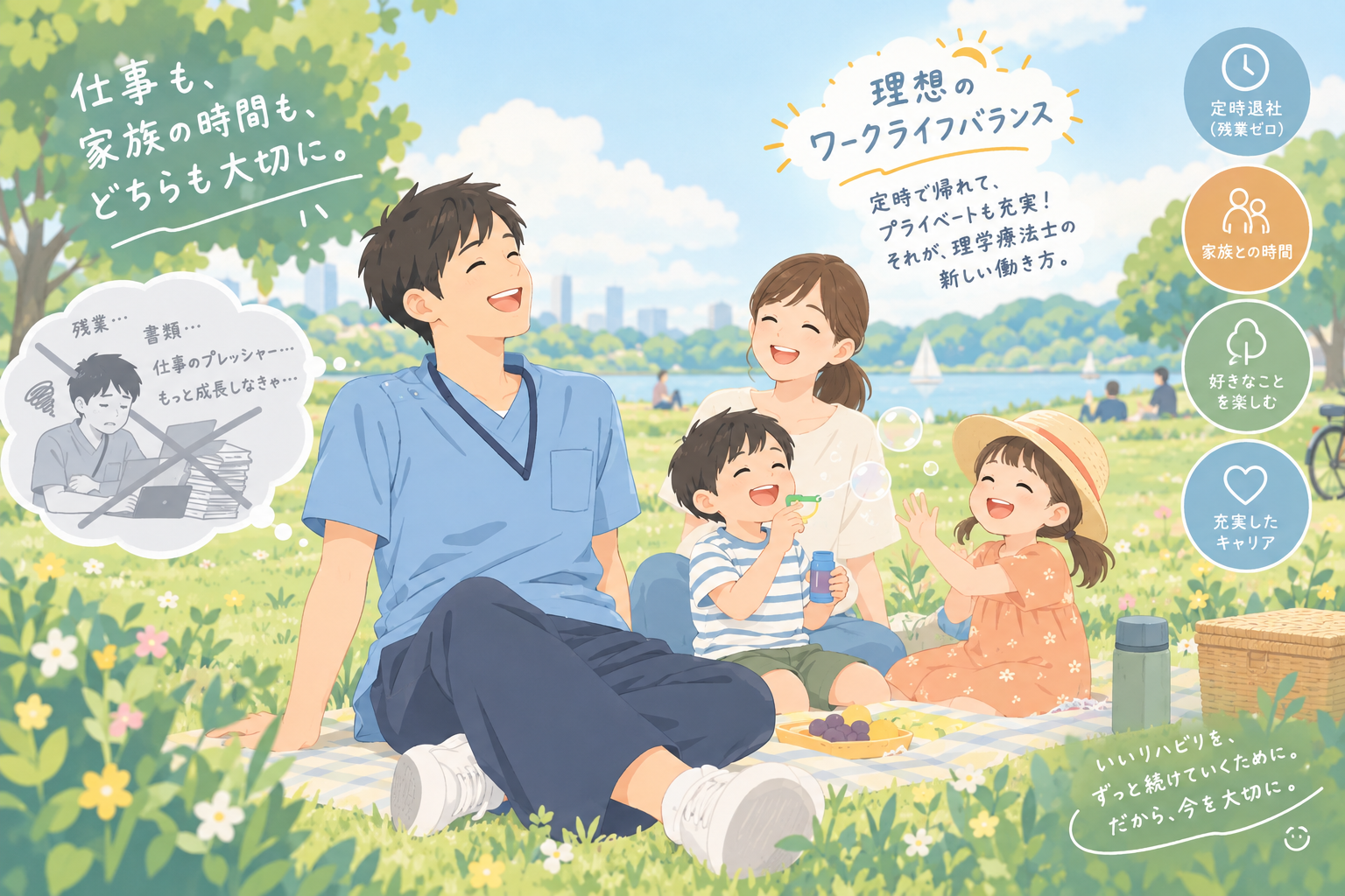 理学療法士・作業療法士・言語聴覚士が残業削減と年間休日120日以上のワークライフバランスを実現して笑顔で過ごすイメージのイラスト