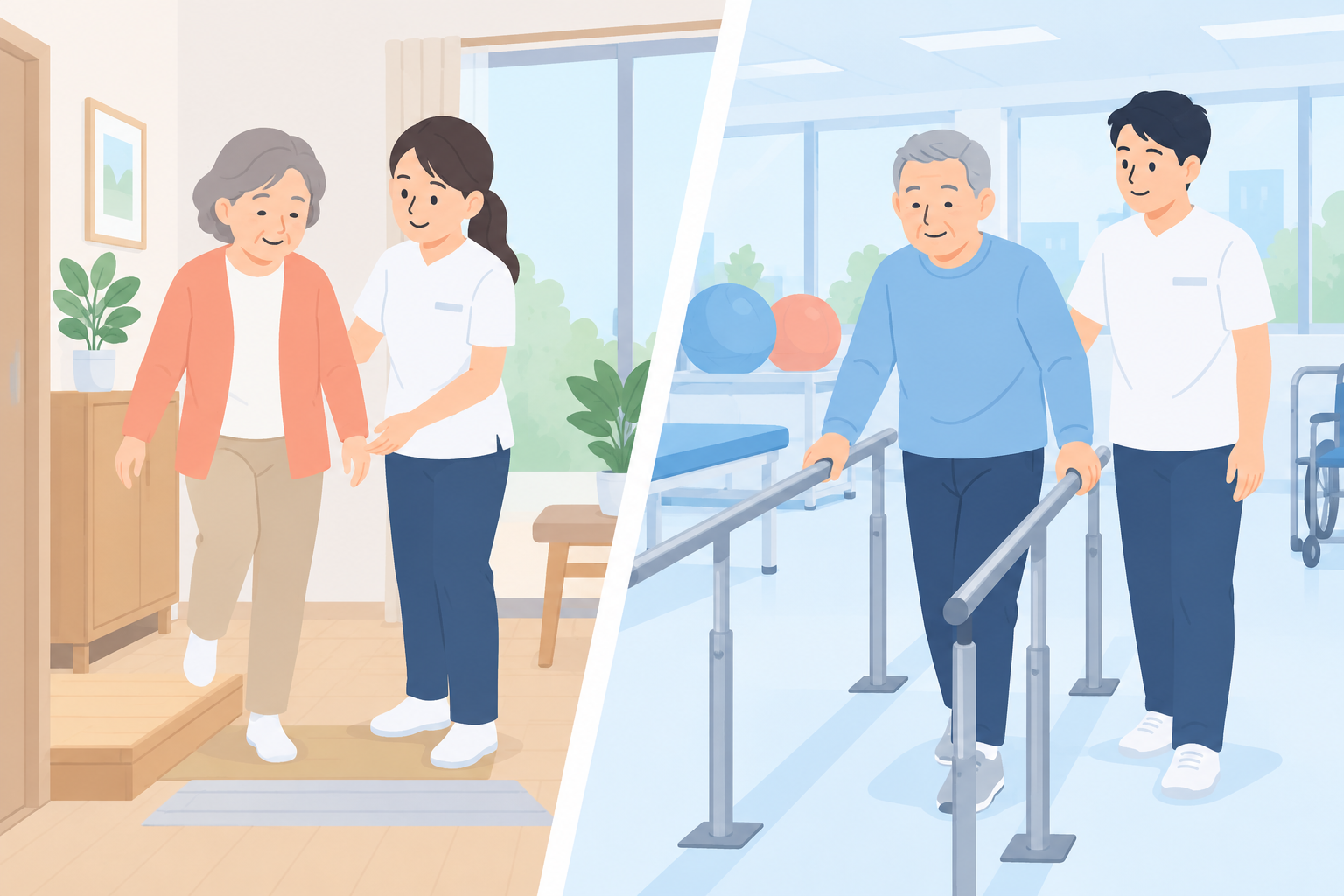 自宅の上がり框をまたぐ練習をする様子と、病院の平行棒で歩行練習をする様子の比較
